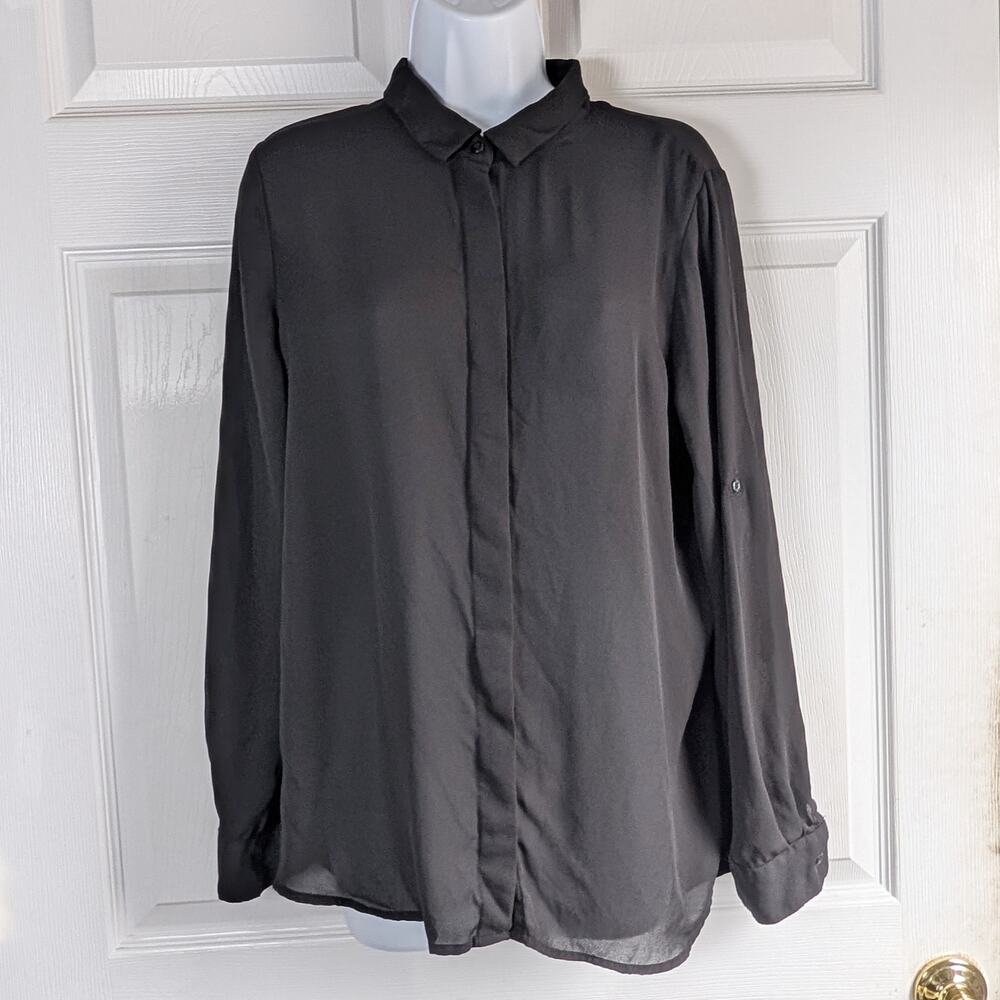 Apt. 9 Essentials Black Roll-Tab Long Sleeve Button-Down Blouse Shirt Size L